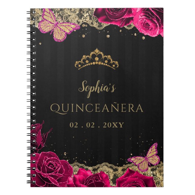 Pink Roses Black Gold Lace Quinceañera Guestbook Notebook (Front)