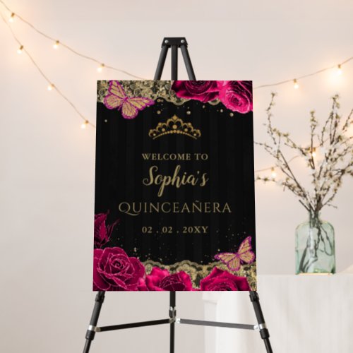 Pink Roses Black Gold Quinceaera Welcome Sign