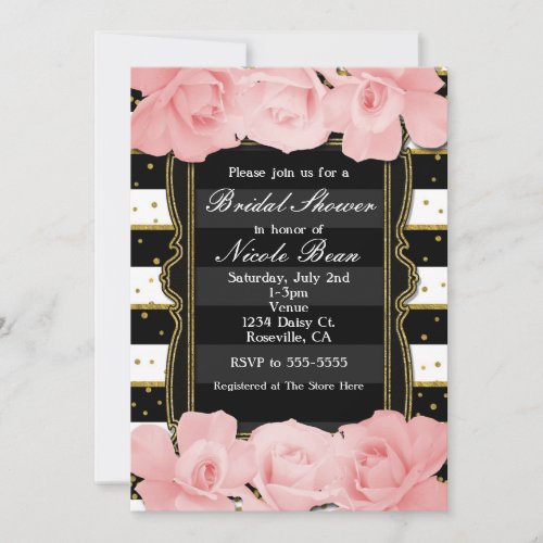 Pink Roses Black Stripes  Gold Bridal Shower Invitation