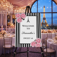 Pink roses black stripes Paris welcome Sweet 16