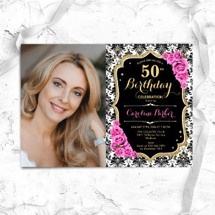 Pink Roses Black White Damask Photo 50th Birthday Invitation