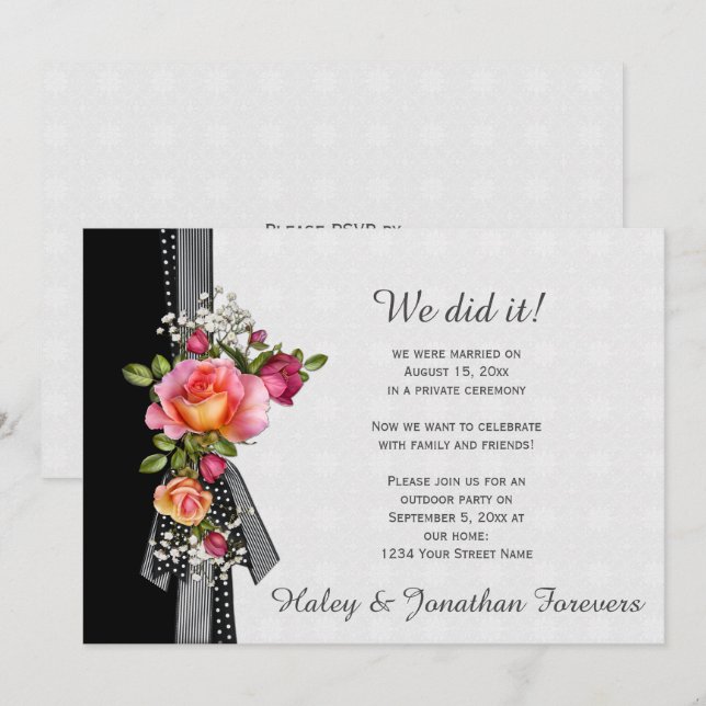 Pink Roses Black White Ribbon Weddings Receptions Invitation (Front/Back)