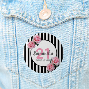Pink roses black white stripes 21st birthday button