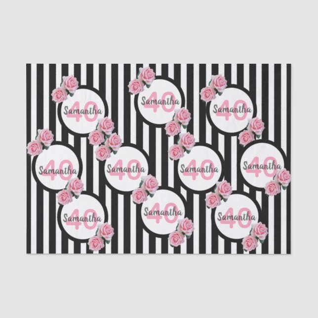 Pink roses black white stripes 40th birthday tissue paper (Front)