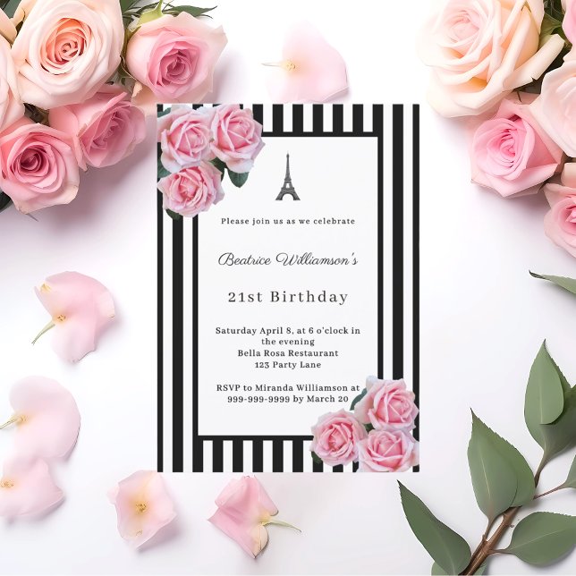 Pink roses black white stripes Paris Birthday Invitation (Creator Uploaded)