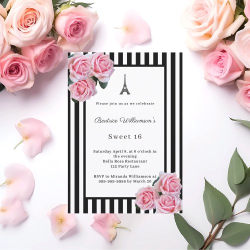 Pink roses black white stripes Paris Sweet 16