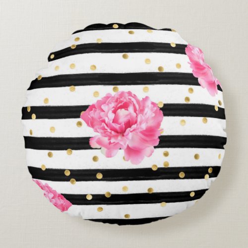 Pink Roses Black  White Stripes Polka Dots Round Pillow