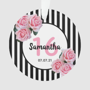 Pink roses black white stripes Sweet 16 Ornament