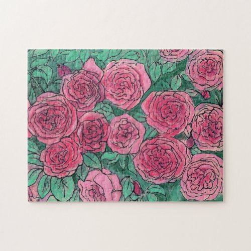 Pink Roses Blooming Flowers Rose Garden Floral Art Jigsaw Puzzle