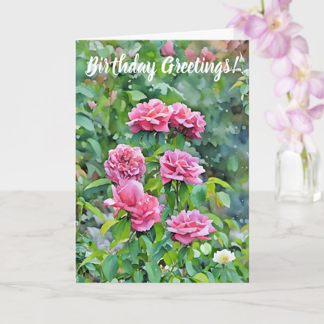 Pink Roses Blooming Garden Art Birthday Card (Orchid)
