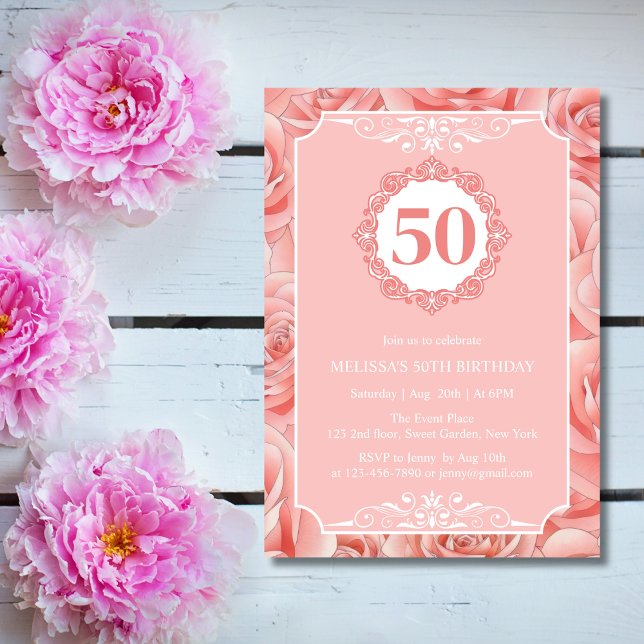 Pink Roses Blossom Floral 50 Birthday  Invitation (Creator Uploaded)