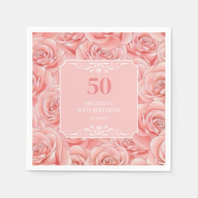 Pink Roses Blossom Floral 50 Birthday  Napkins (Front)