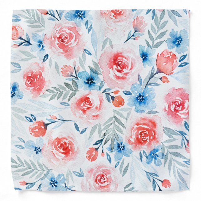Pink Roses Blue Flowers Watercolor Floral Pattern Bandana (Front)