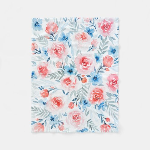 Pink Roses Blue Flowers Watercolor Floral Pattern Fleece Blanket