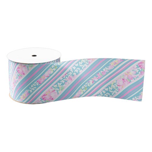 Pink Roses Blue Pink White Stripes 3_inch Ribbon