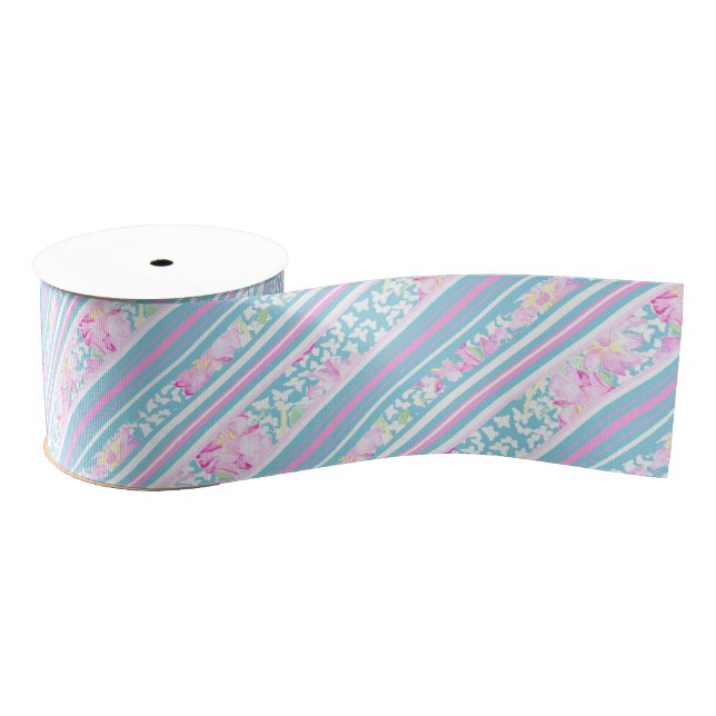 Pink Roses Blue, Pink, White Stripes 3-inch Ribbon (Spool)