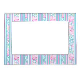 Pink Roses Blue Pink White Stripes Magnetic Frame