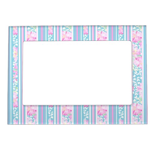 Pink Roses Blue Pink White Stripes Magnetic Frame