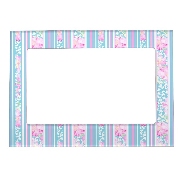 Pink Roses Blue Pink White Stripes Magnetic Frame (Front)