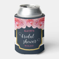 Pink Roses Blue Stripes Bridal Shower Can Cooler