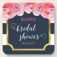 Pink Roses Blue Stripes Bridal Shower Coaster