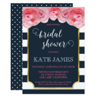 Pink Roses Blue Stripes Bridal Shower Invitation