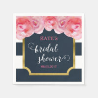 Pink Roses Blue Stripes Bridal Shower Napkin