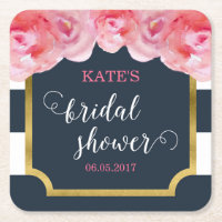 Pink Roses Blue Stripes Bridal Shower Square Paper Coaster