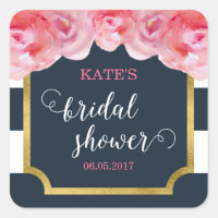 Pink Roses Blue Stripes Bridal Shower Square Sticker
