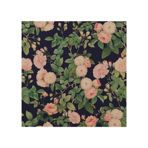 Pink Roses Blue Vintage Botanical Garden Wood Wall Art