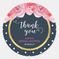 Pink Roses Blue White Polka Dots Thank You Classic Round Sticker