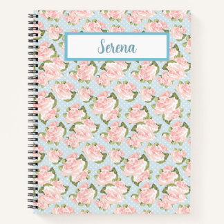 Pink Roses - Blue & White Polkadots Notebook