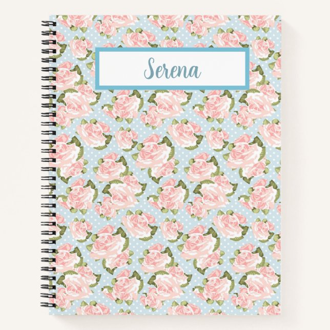 Pink Roses - Blue & White Polkadots Notebook (Front)