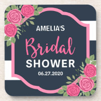 Pink Roses Blue White Stripes Bridal Shower Beverage Coaster