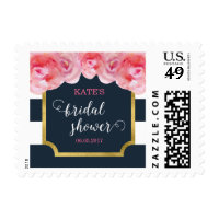 Pink Roses Blue White Stripes Bridal Shower Postage