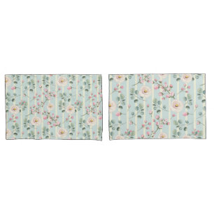 Pink Roses Blue White Stripes Pillow Case