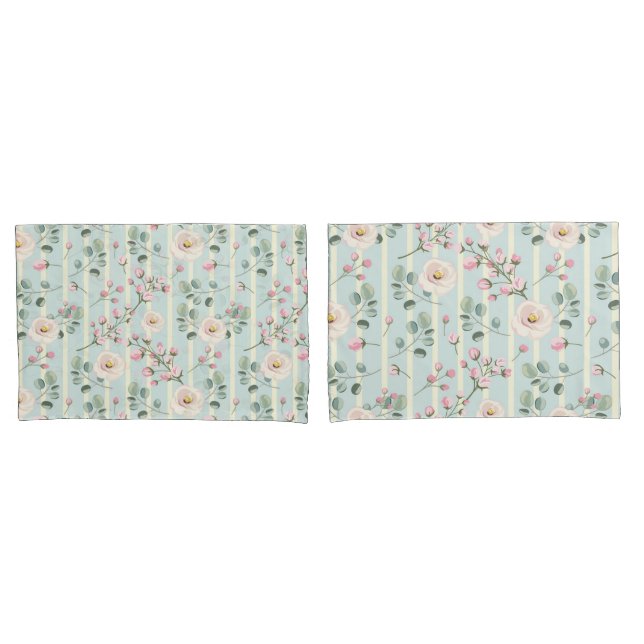 Pink Roses Blue White Stripes Pillow Case (Front-Set)