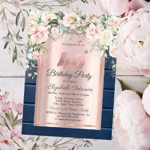 Pink Roses,Blue Wood Rose Gold 40th Birthday Invitation