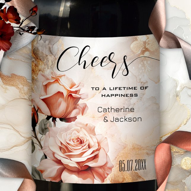 Pink Roses Boho Glam Wedding Wine Label (An elegant wedding wine label featuring pink roses on a veined artistic background)