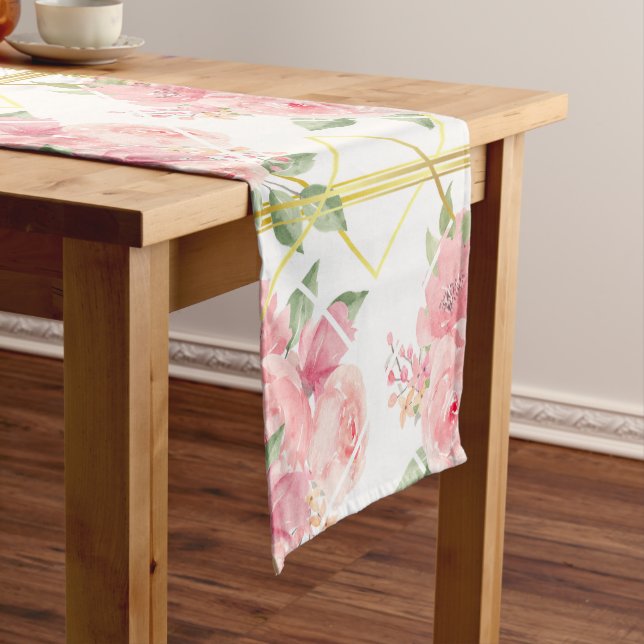 Pink,roses,boho,trellis,watercolour flowers patter short table runner (In Situ)