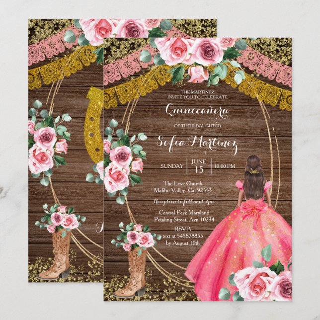 Pink Roses & Boots Charra Quinceanera 2 Invitation (Front/Back)