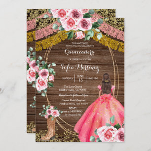 Pink Roses & Boots Charra Quinceanera 2 Invitation