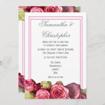 Pink Roses Border Floral Wedding Invitation by personalized_wedding at Zazzle