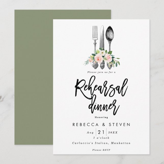 pink roses botanical rehearsal dinner invitation (Front/Back)