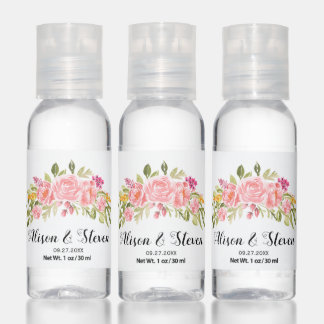 Pink roses bouquet and leaves wedding favor hand sanitizer