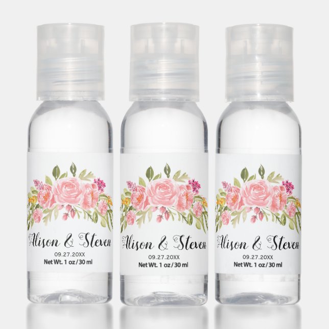 Pink roses bouquet and leaves wedding favor hand sanitizer (Set)