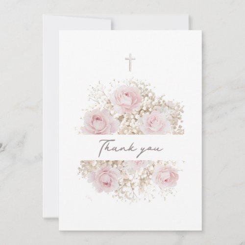 pink roses bouquet | Baptism Thank you card