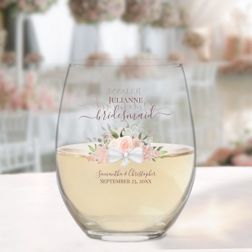 Pink Roses Bouquet Bridesmaid Maid of Honor Gift Stemless Wine Glass
