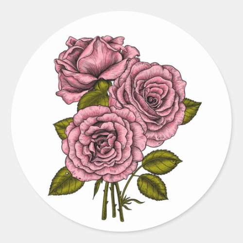 Pink roses bouquet classic round sticker