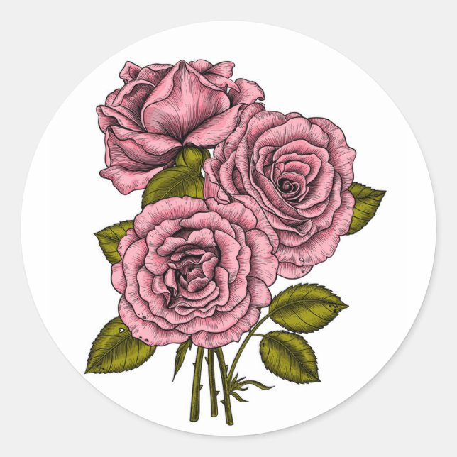 Pink roses bouquet classic round sticker (Front)